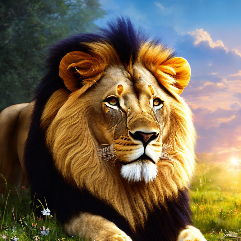 Detailed portrait of majestic lion in lush meadow with serene sky