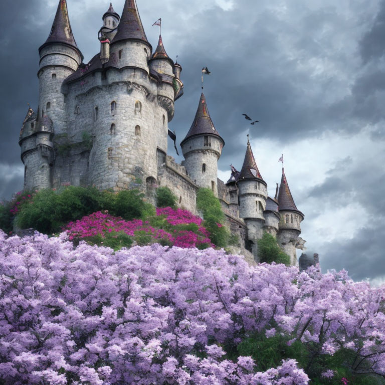 Stone castle with spires in cloudy sky surrounded by purple blooming trees