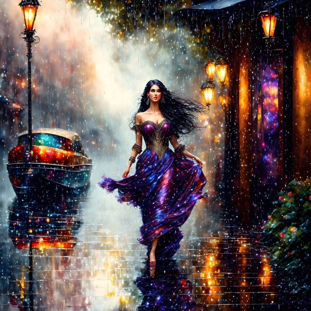 Woman in vibrant purple dress walking in rain under streetlamp with colorful planter