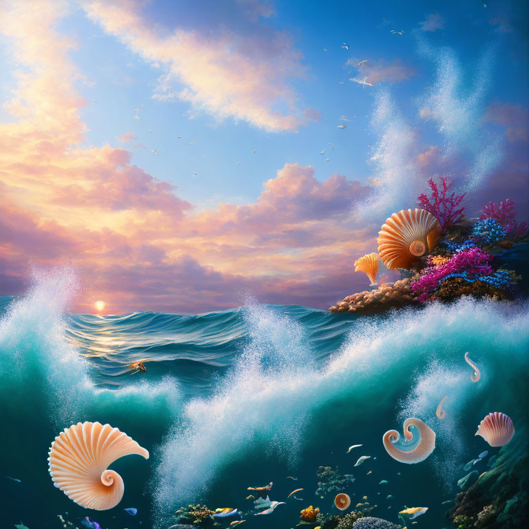 Surreal seascape with floating seashells, coral reefs, waves, and colorful sunset sky