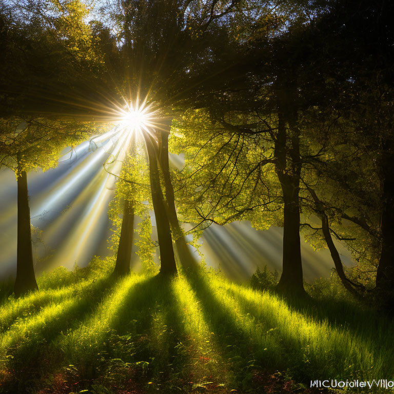 Forest scene with sunlight casting long shadows and illuminating green underbrush