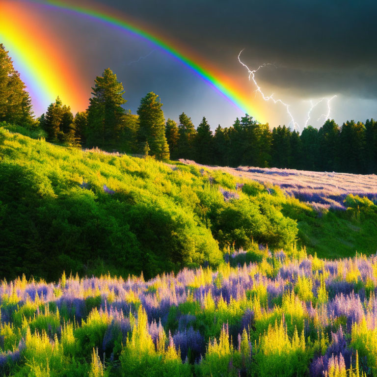 Double rainbow over lush field with lightning in dramatic sky