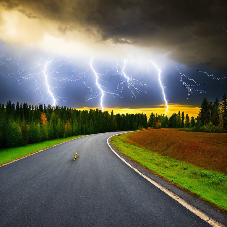 Curving Road Through Vibrant Landscape with Lightning Strikes