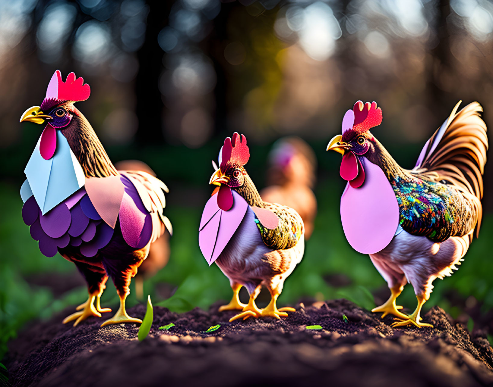 Colorful Cartoon Chickens in Garden Setting