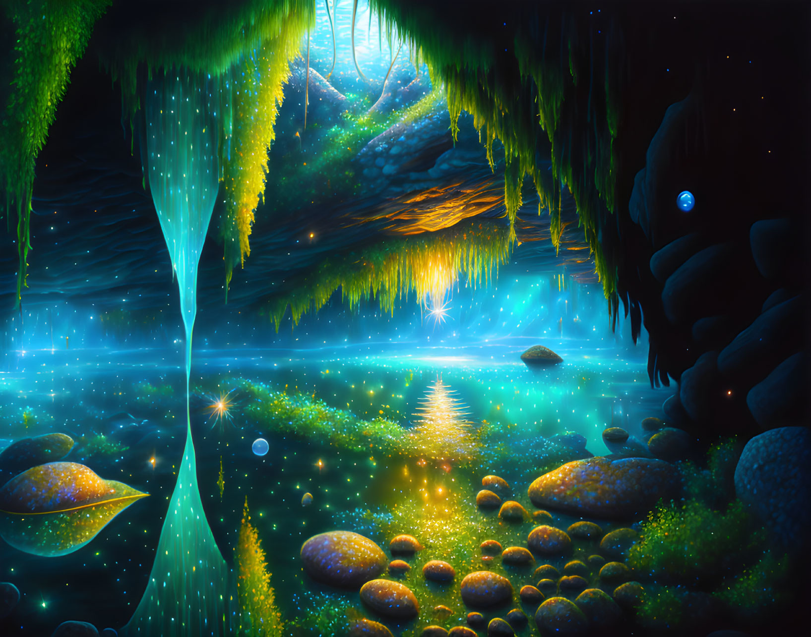 Enchanting glowing cavern with blue waters and illuminated tree