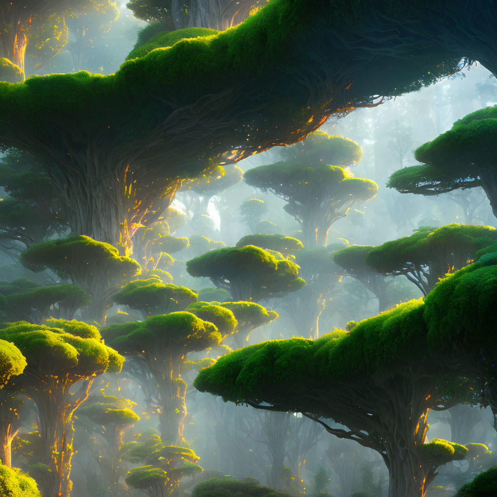 Moss-covered trees in ethereal forest with soft sunlight and mist