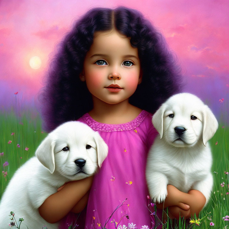 Young girl with curly hair holding two white puppies in a field at sunset