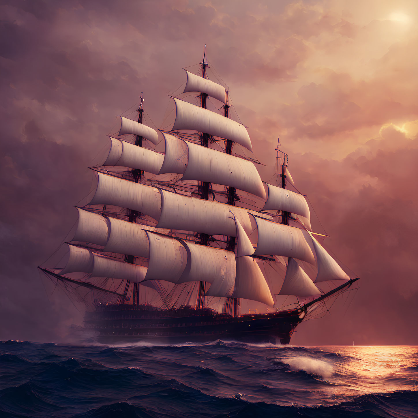 Tall ship with full sails in choppy ocean under sunset sky