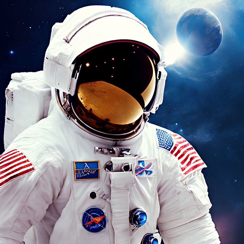 Astronaut in white space suit with gold visor, American flags, Earth, and stars.