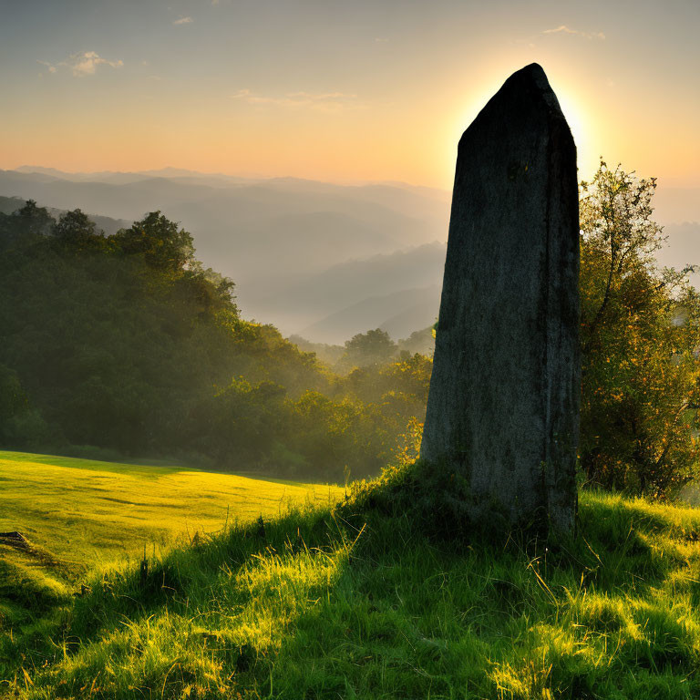 Standing Stone Monolith at Sunset Over Misty Landscape