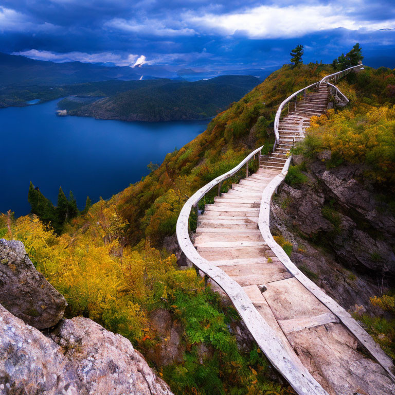 Scenic wooden boardwalk above autumn lake on cliff side