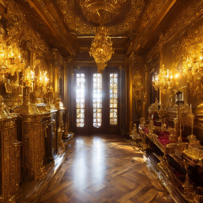 Luxurious Gilded Room with Wood Panels, Chandeliers, and Sunlit Herringbone Floor