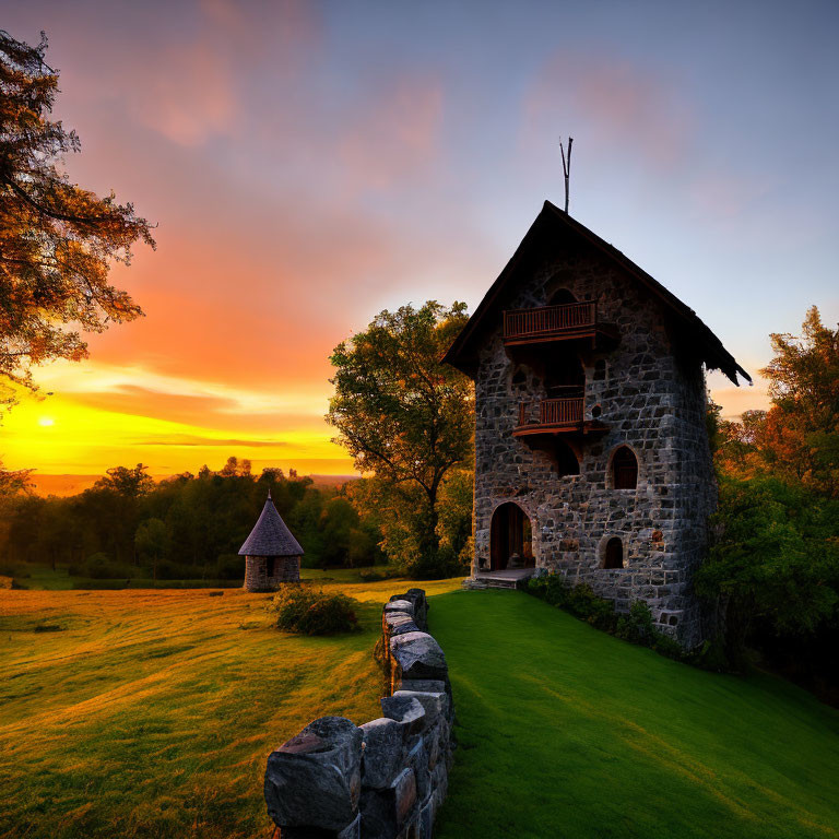 Stone house with balcony in green lawn at sunset with stone fence & warm sky