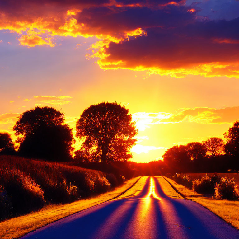 Vivid Fiery Sunset Over Country Road