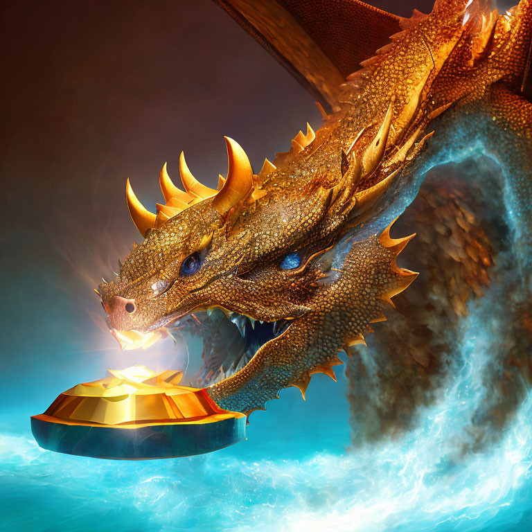 Golden dragon breathing fire on treasure chest in fiery setting