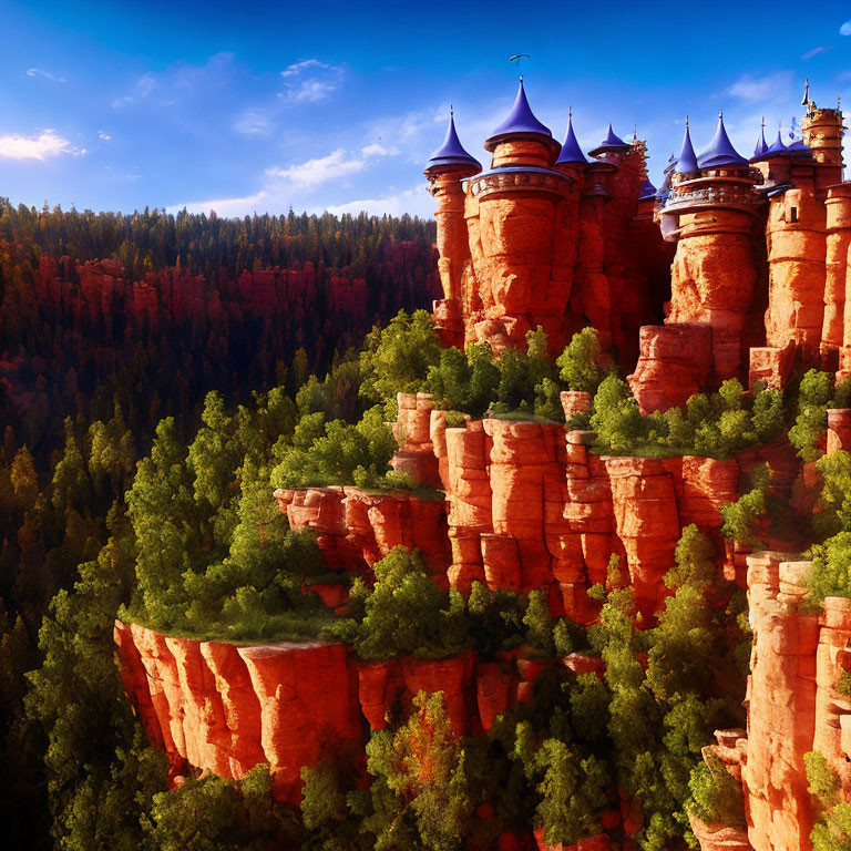 Fairytale castle with multiple spires on vibrant red rock cliff