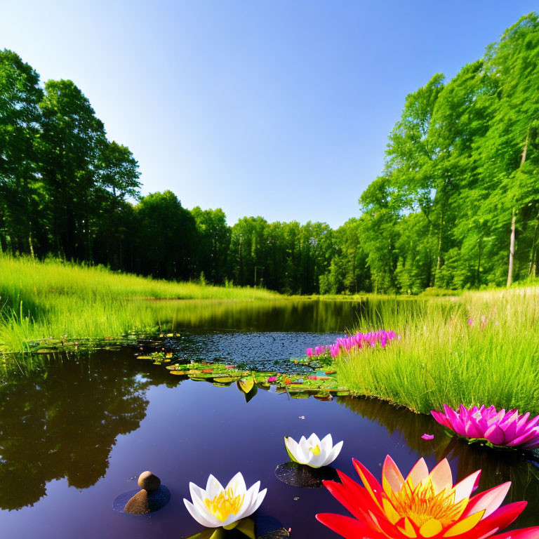 Tranquil pond with vibrant water lilies and lush greenery