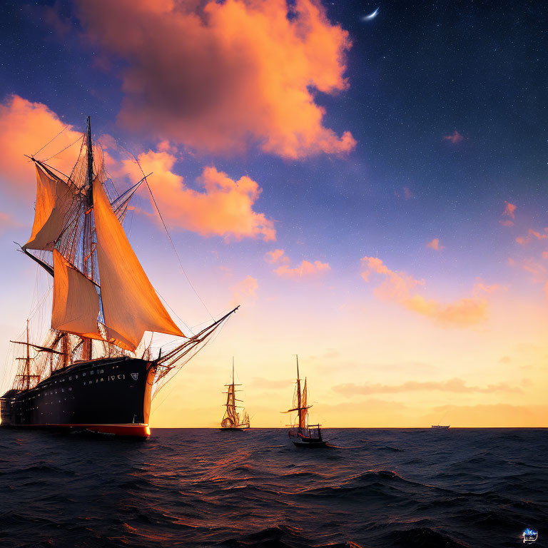 Sailing ships under crescent moon on twilight ocean voyage