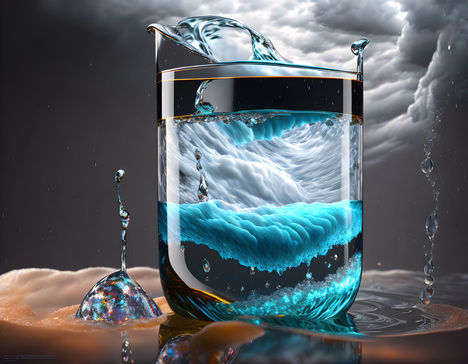 Detailed 3D render of swirling water in a glass with suspended droplets