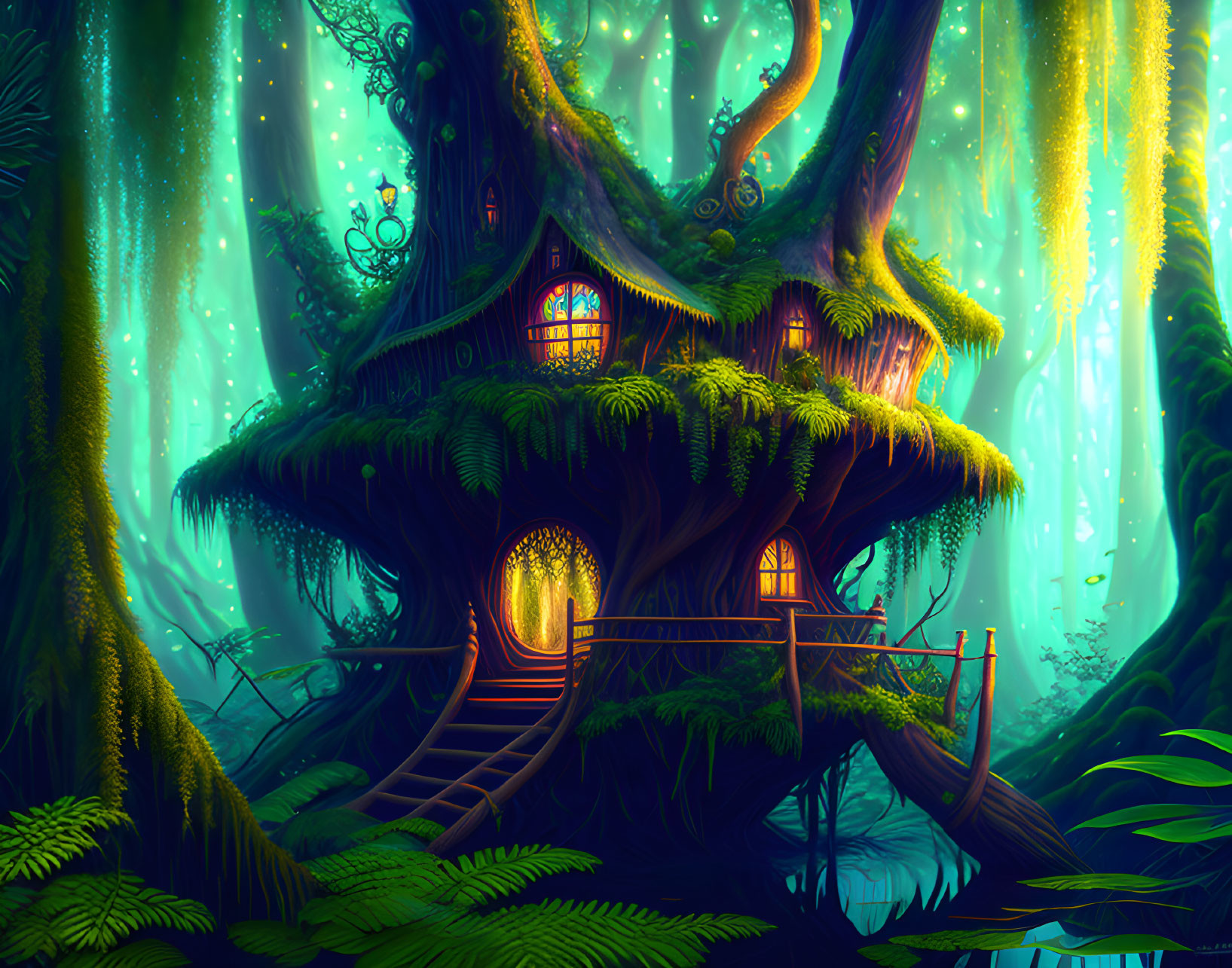 Glowing windows treehouse in mystical forest