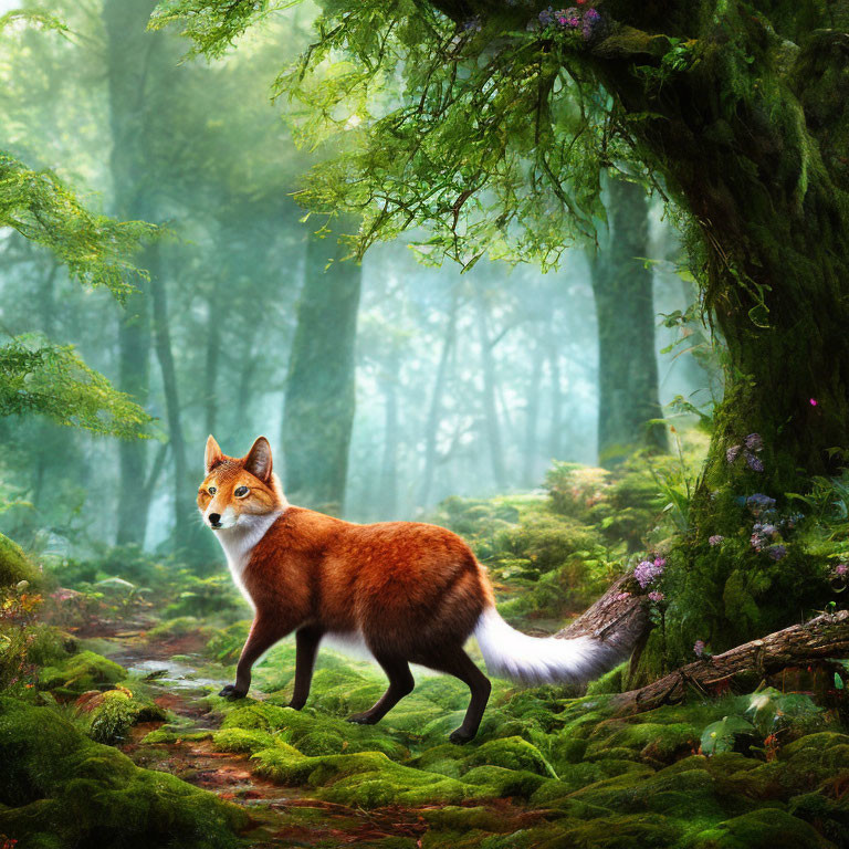 Mystical forest scene with vibrant red fox and ancient trees