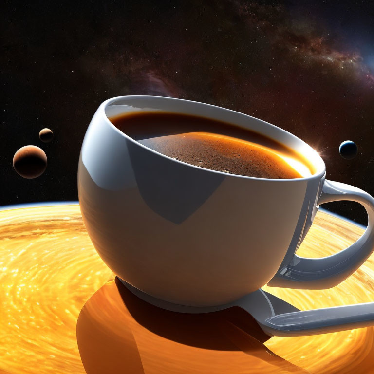 Digital artwork of oversized coffee cup in space with sun and planets