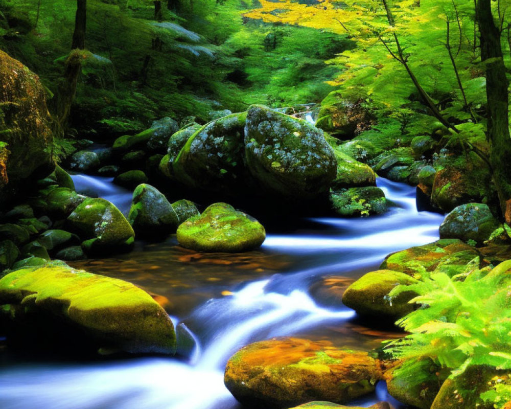 Tranquil stream with moss-covered rocks and vibrant foliage