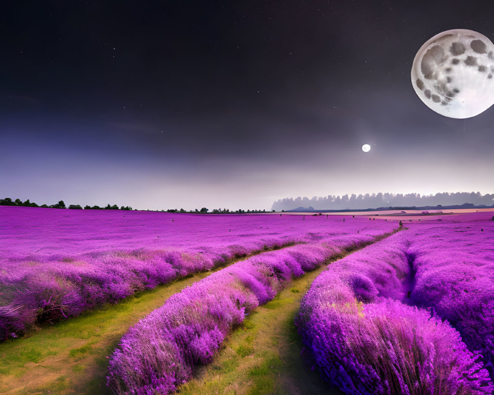 Vibrant purple lavender field under starry sky with full moon