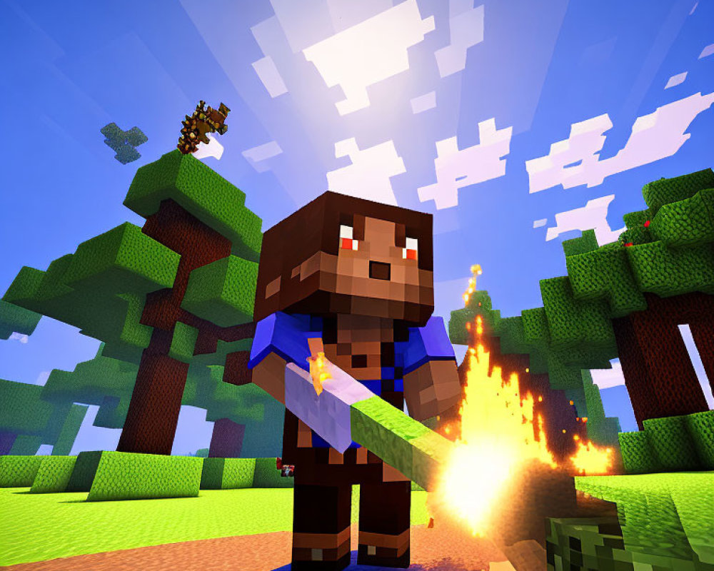 Minecraft character holding flaming object in pixelated forest landscape