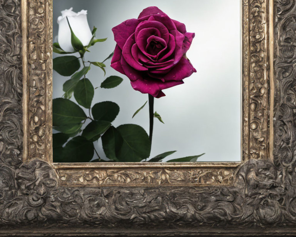 Purple Rose in Silver Frame Reflecting in Mirror