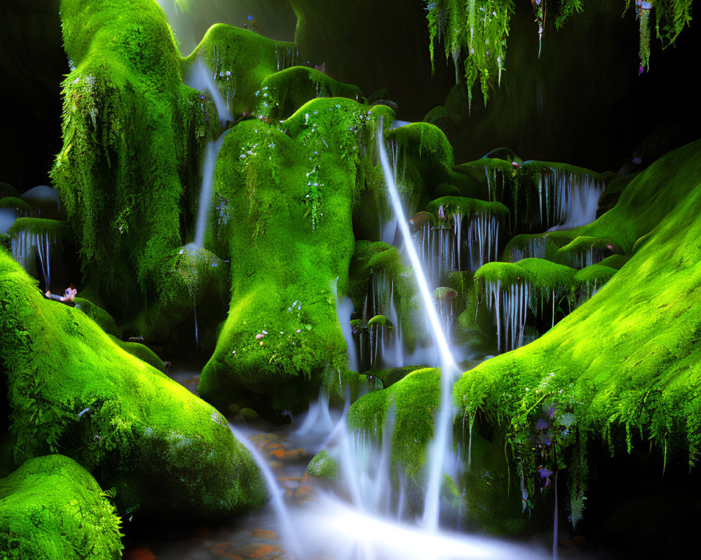 Moss-Covered Forest with Cascading Waterfalls and Soft Green Light