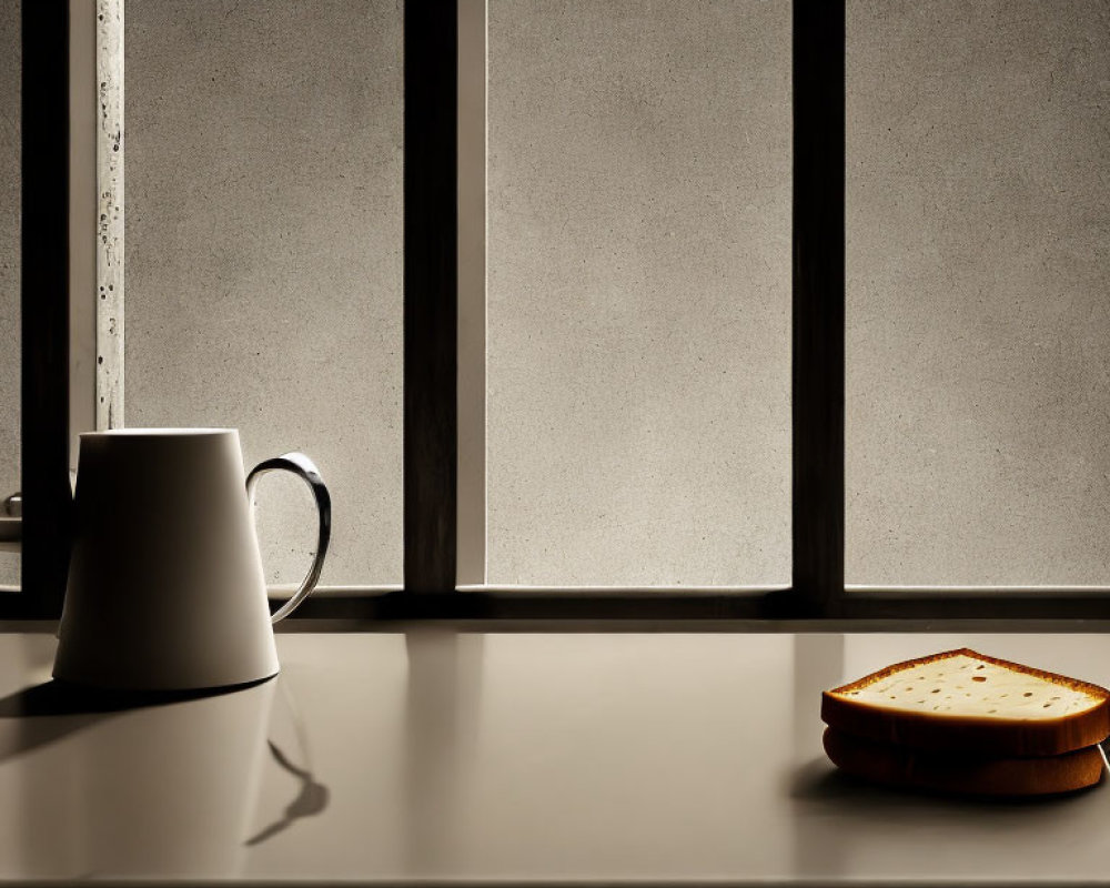 White mug and bread slice on table in natural light with window shadows