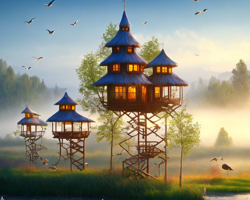 Traditional Asian-Style Wooden Towers in Serene Sunrise Landscape