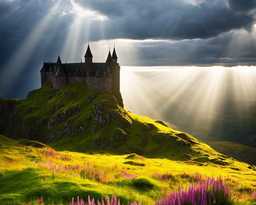 Majestic castle on lush green hill under dramatic sky