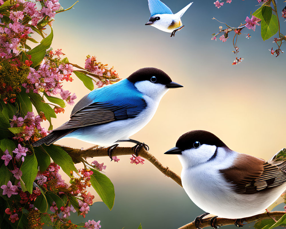 Three Blue and White Birds on Pink Blossom Branches in Soft-focus Scene