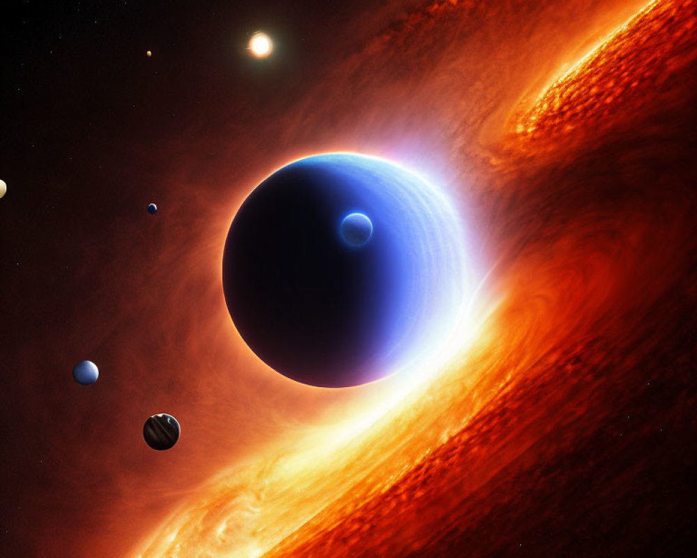 Colorful Space Illustration: Blue Planet, Moon, Celestial Bodies, Orange Nebula