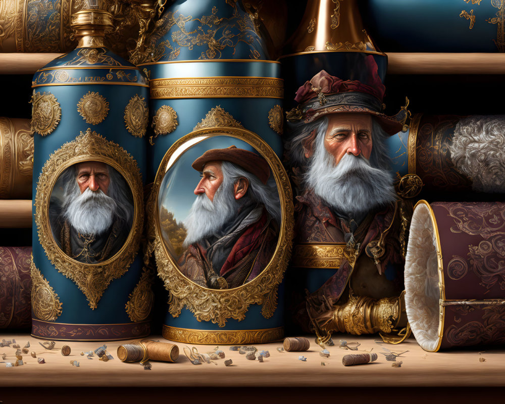 Detailed Still Life: Blue and Gold Vessels with Bearded Old Men Portraits, Wooden Text