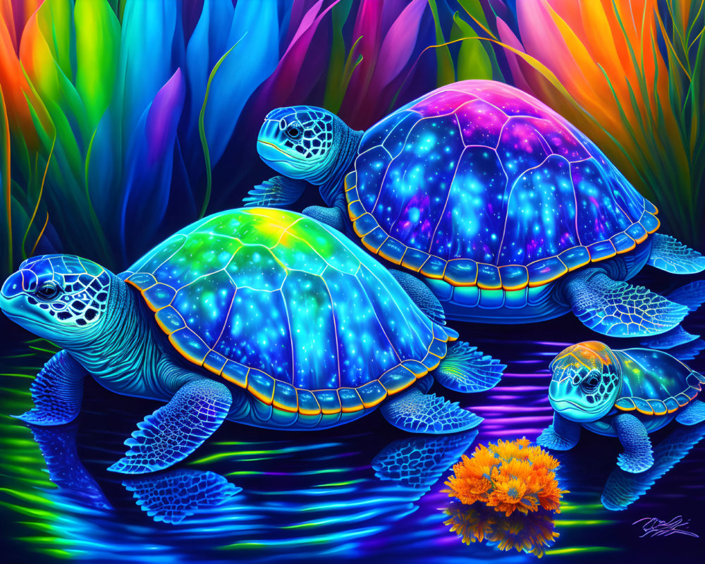 Colorful digital artwork: Three turtles with neon-lit, starry shells on abstract rainbow background