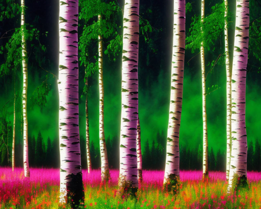 Lush forest with white-barked birch trees and pink wildflowers