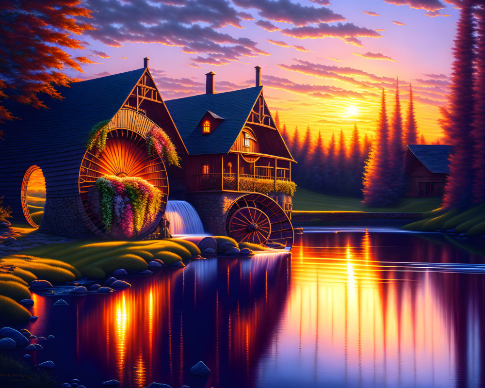 Scenic sunset view of a charming house by river with waterwheel