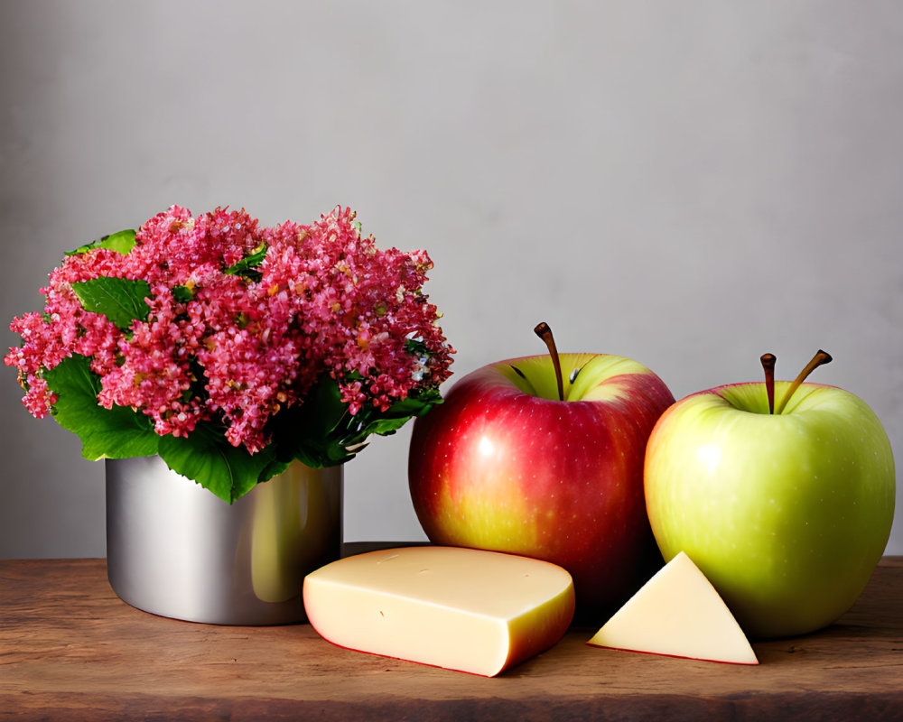 Fresh apples, cheese wedges, and pink flowers on wooden table