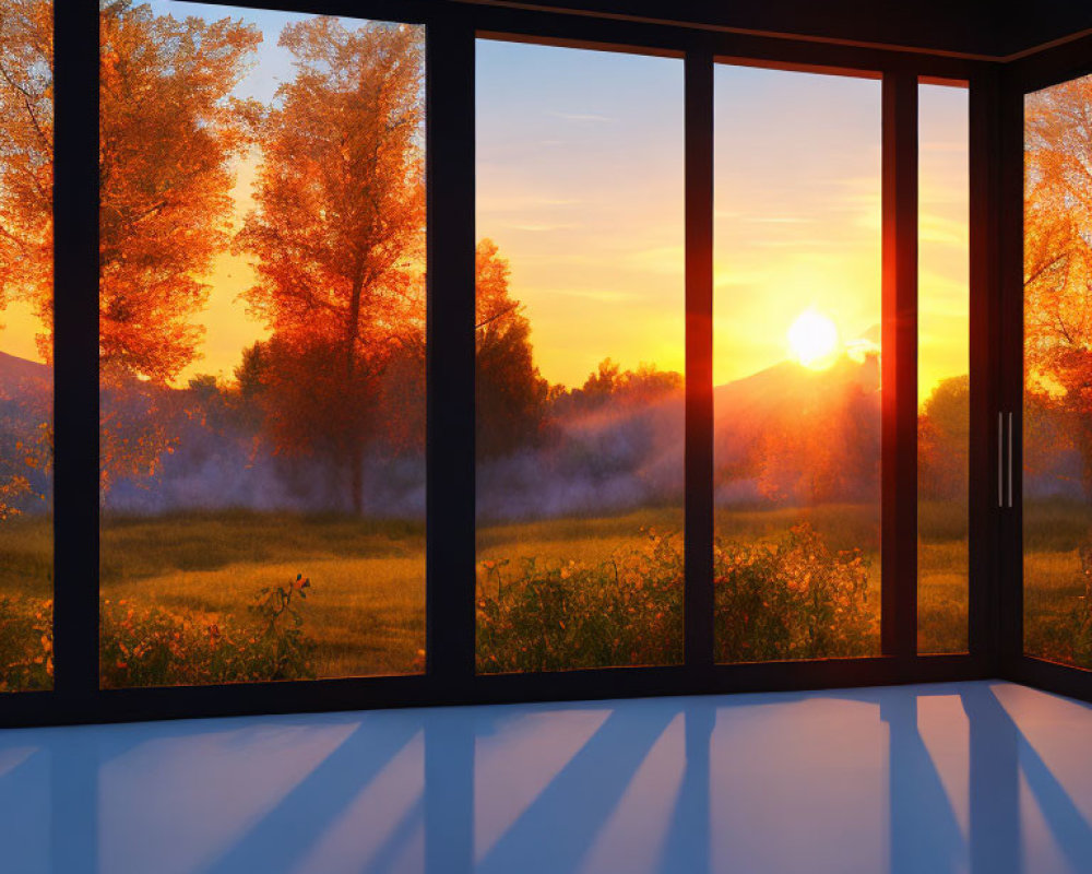 Vibrant sunset view through large windows with silhouetted trees