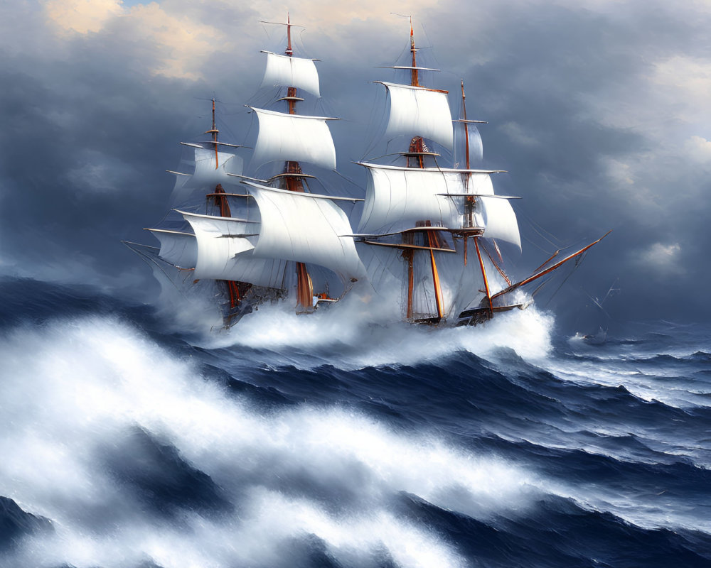 Majestic sailing ship on tumultuous blue waves