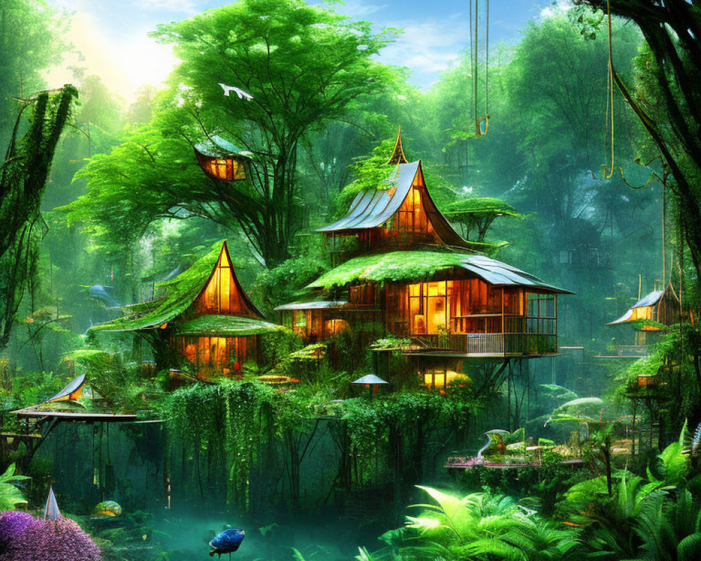 Vibrant greenery and whimsical treehouses in a fantastical forest