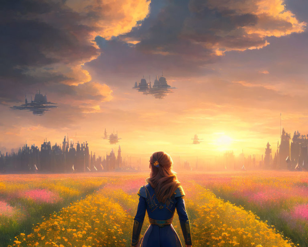 Woman in Blue Cloak Surrounded by Flowers and Floating Castles at Sunset