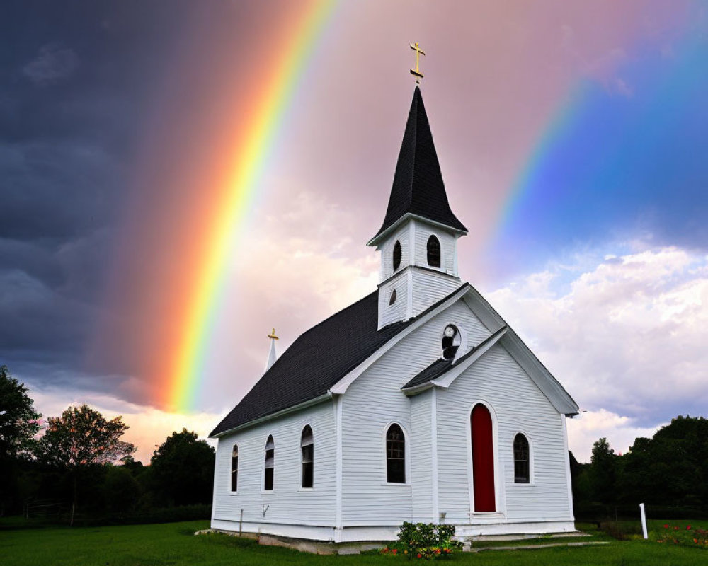 White Church with Red Door Under Dramatic Sky and Double Rainbow