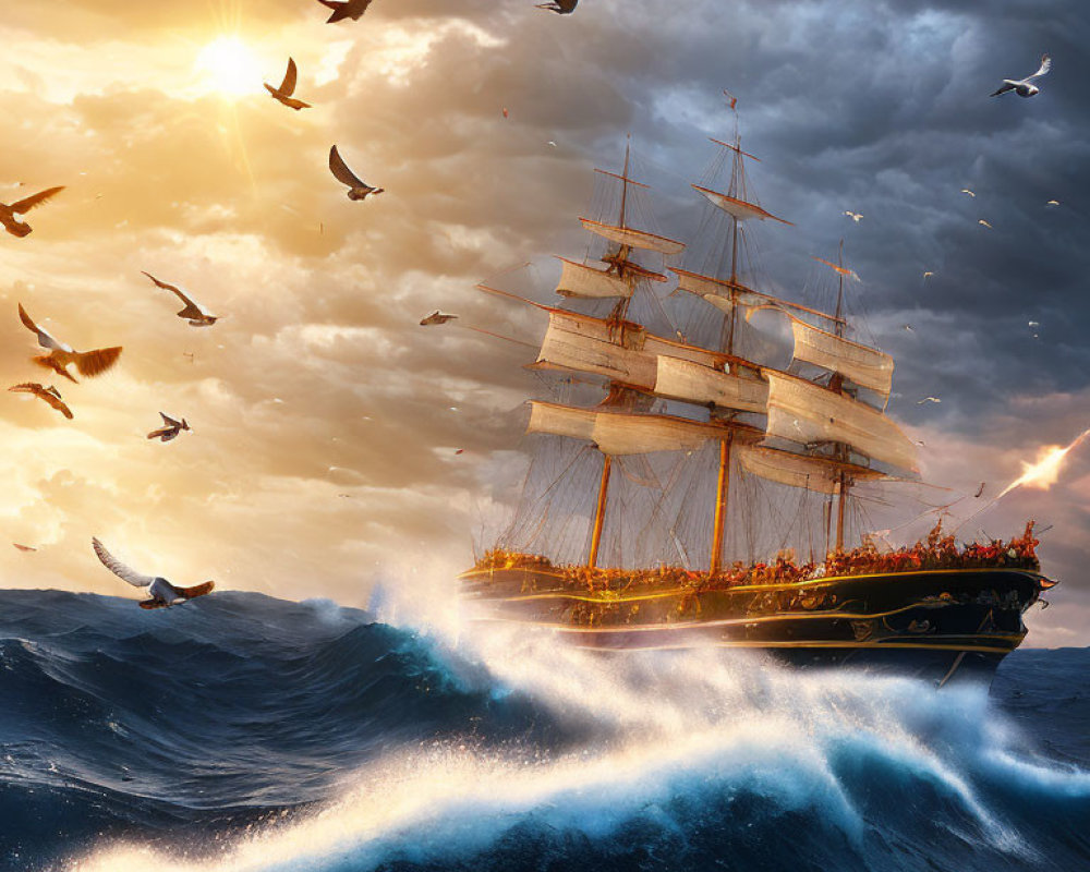 Tall ship with full sails in turbulent seas at sunset surrounded by flying birds