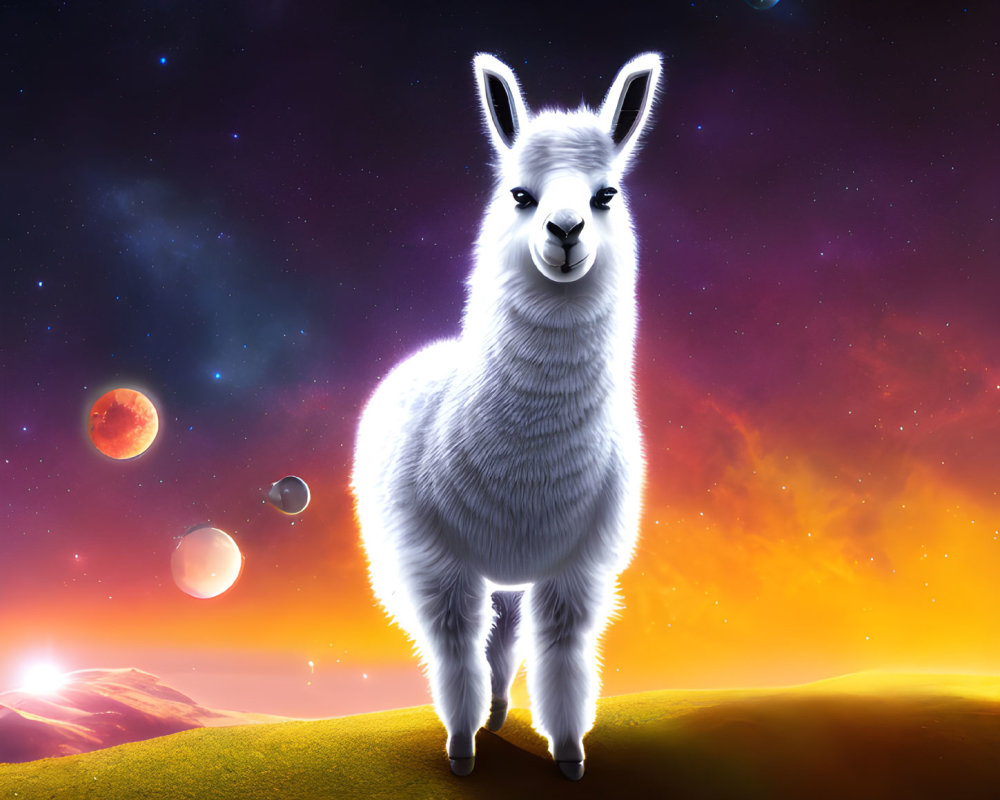 White llama in cosmic landscape with planets and nebula