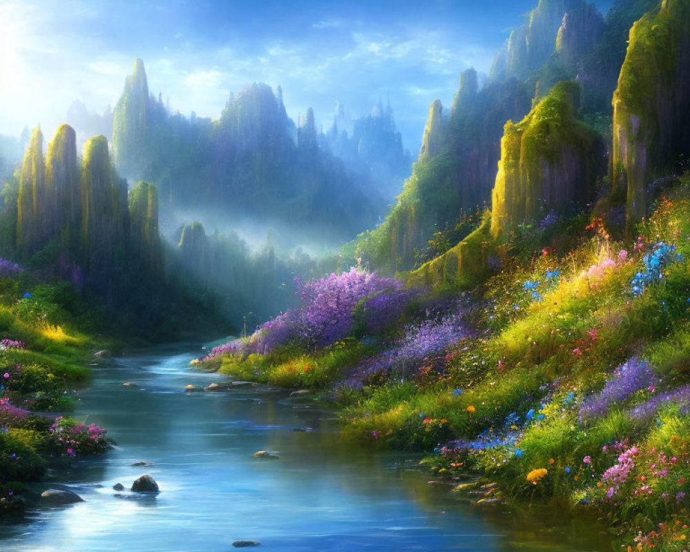 Tranquil fantasy landscape with river, wildflowers, cliffs, and golden sky