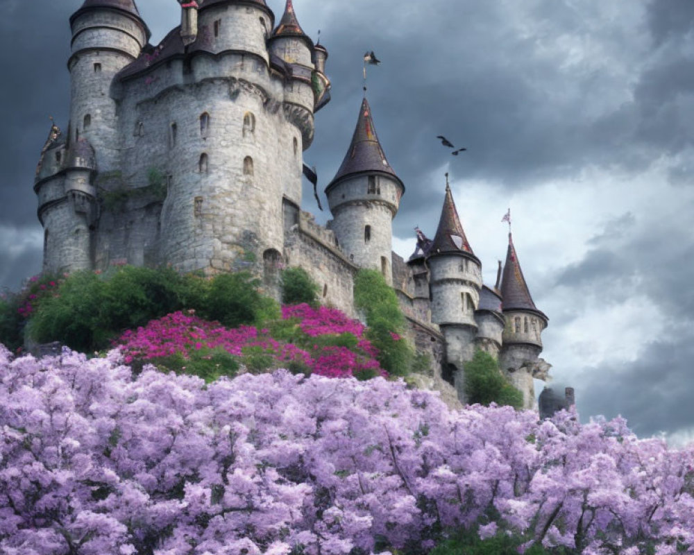 Stone castle with spires in cloudy sky surrounded by purple blooming trees